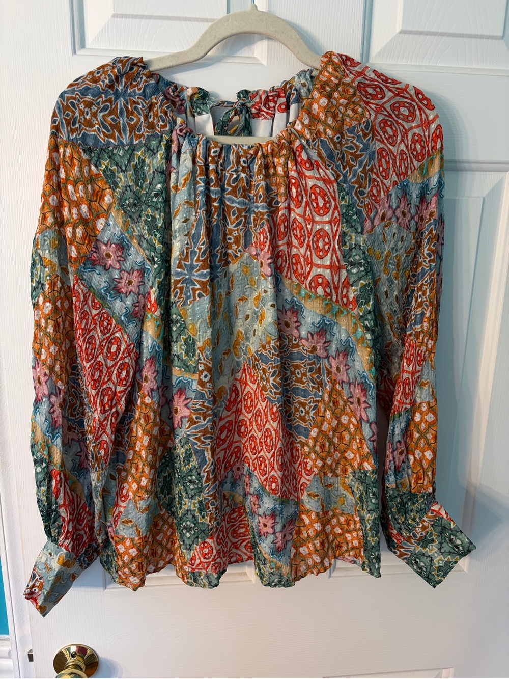 Marie Oliver Vibrant Patchwork Blouse with Drawstring Detail-NO TAGS I’M SZ MED